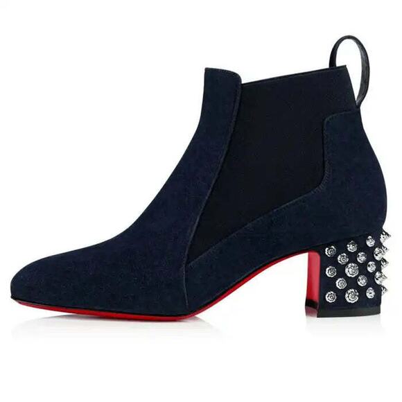 Christian Louboutin Study 55 Blue Suede Silver Spike Block Heel Ankle Boot 36.5 - Picture 3 of 9